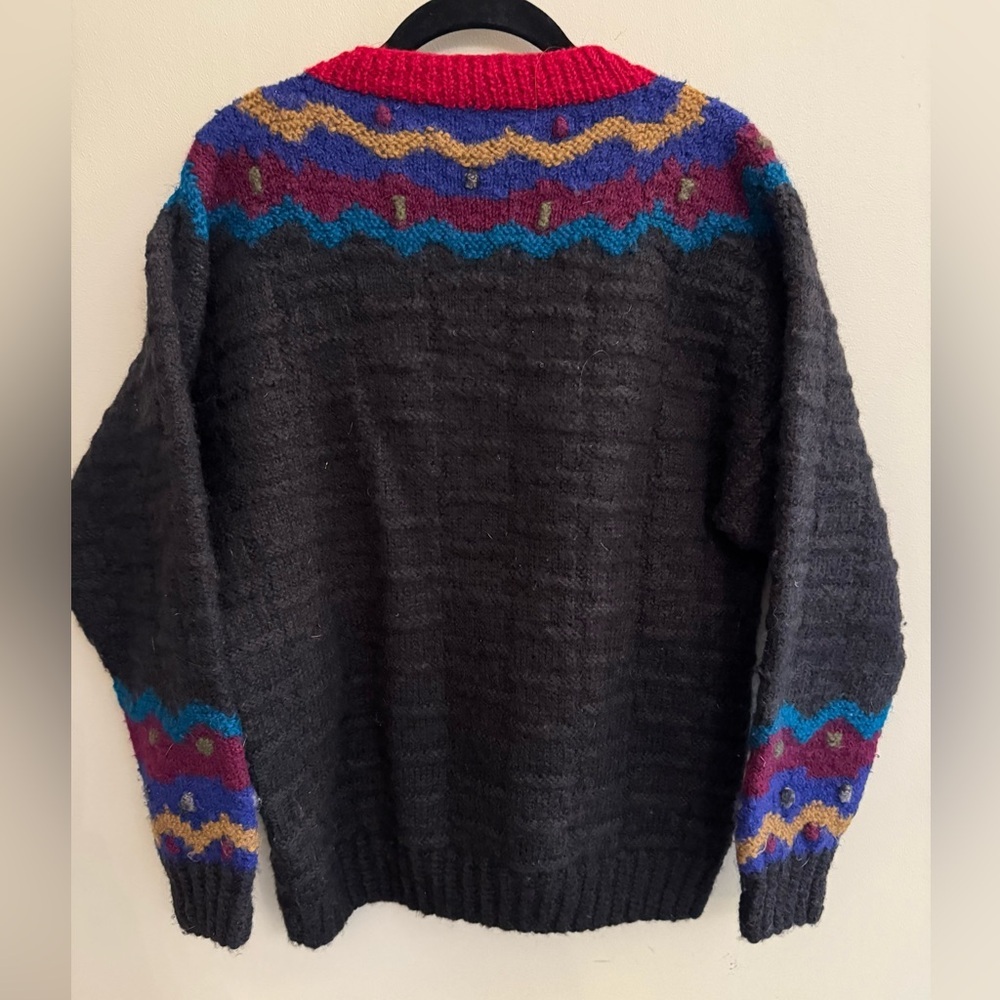 Rare Vintage 90’s Jackie Chaulkey Scandinavian Colorful V-Neck Sweater Medium - Picture 5 of 6